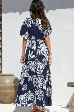 Manaya Maxi Dress - Soft V Neck Tiered Dress with Short Balloon Sleeves in Charlene Print Navy><noscript><img width=