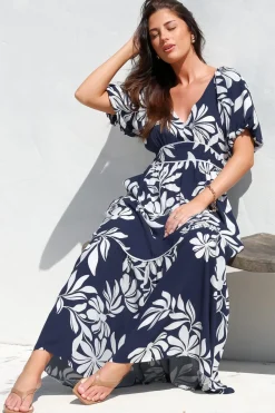 Manaya Maxi Dress - Soft V Neck Tiered Dress with Short Balloon Sleeves in Charlene Print Navy><noscript><img width=