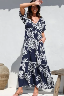 Manaya Maxi Dress - Soft V Neck Tiered Dress with Short Balloon Sleeves in Charlene Print Navy><noscript><img width=