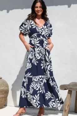 Manaya Maxi Dress - Soft V Neck Tiered Dress with Short Balloon Sleeves in Charlene Print Navy><noscript><img width=