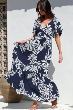 Manaya Maxi Dress - Soft V Neck Tiered Dress with Short Balloon Sleeves in Charlene Print Navy><noscript><img width=