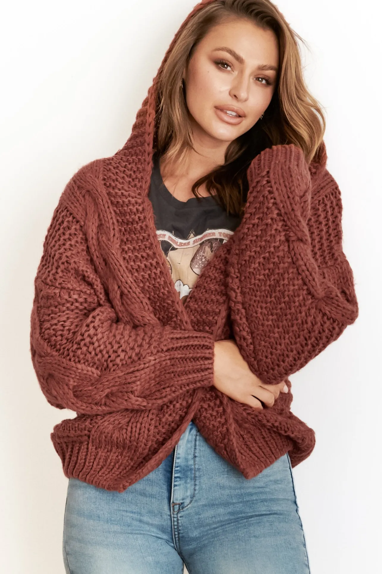Maple Knit - Chunky Cable Knit Hooded Crop Cardigan in Rust>Salty Crush New