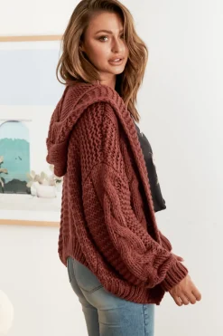 Maple Knit - Chunky Cable Knit Hooded Crop Cardigan in Rust><noscript><img width=