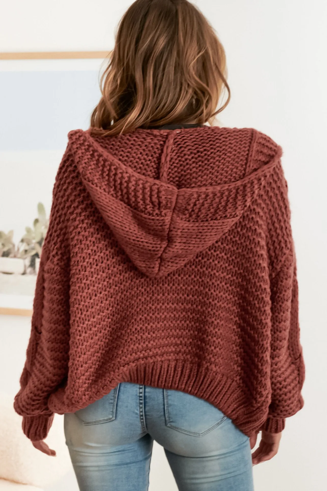 Maple Knit - Chunky Cable Knit Hooded Crop Cardigan in Rust>Salty Crush New