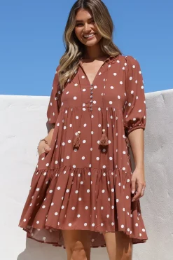 Marah Mini Dress - Mandarin Collar Short Sleeve with Tie Smock Dress in Parisian Polka Rust>Salty Crush Clearance