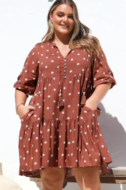 Marah Mini Dress - Mandarin Collar Short Sleeve with Tie Smock Dress in Parisian Polka Rust>Salty Crush Clearance