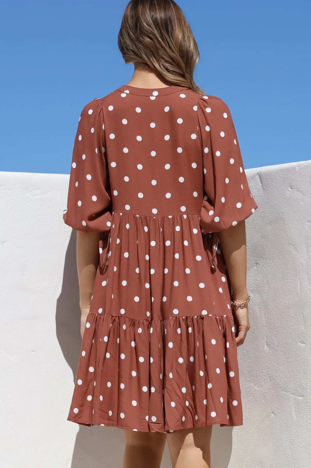 Marah Mini Dress - Mandarin Collar Short Sleeve with Tie Smock Dress in Parisian Polka Rust>Salty Crush Clearance