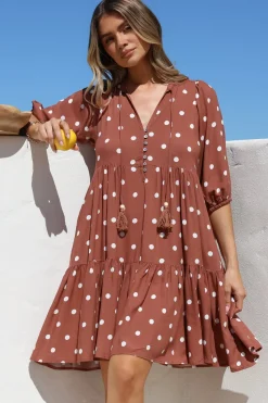 Marah Mini Dress - Mandarin Collar Short Sleeve with Tie Smock Dress in Parisian Polka Rust><noscript><img width=