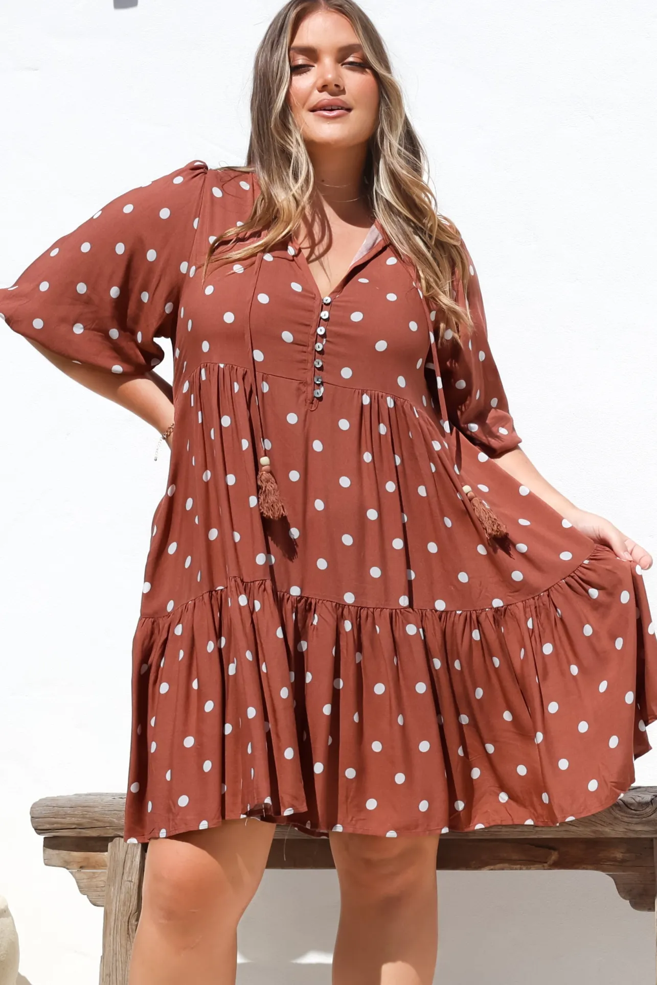 Marah Mini Dress - Mandarin Collar Short Sleeve with Tie Smock Dress in Parisian Polka Rust>Salty Crush Clearance