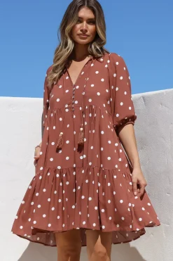 Marah Mini Dress - Mandarin Collar Short Sleeve with Tie Smock Dress in Parisian Polka Rust><noscript><img width=