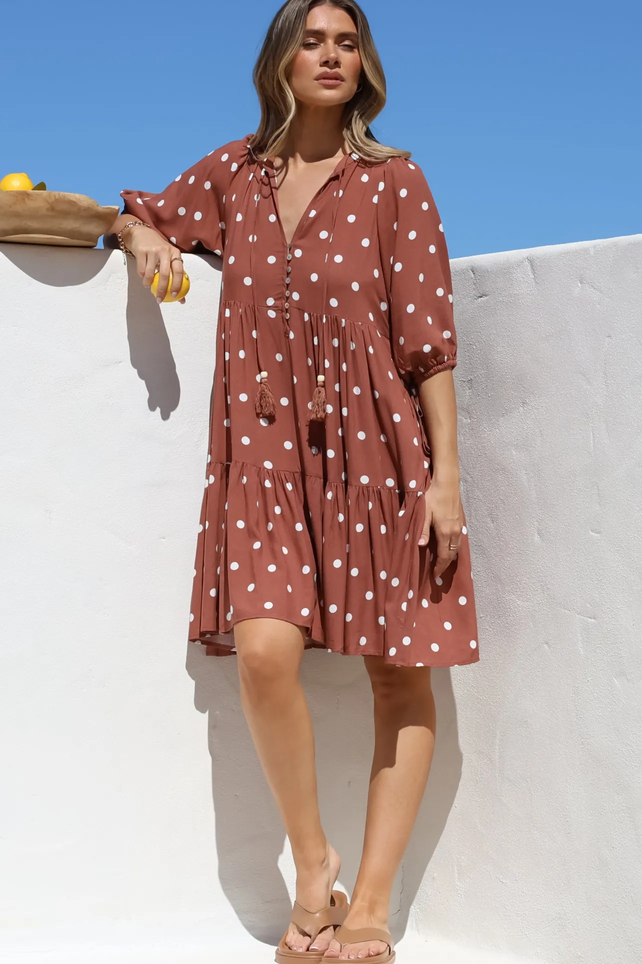 Marah Mini Dress - Mandarin Collar Short Sleeve with Tie Smock Dress in Parisian Polka Rust>Salty Crush Clearance