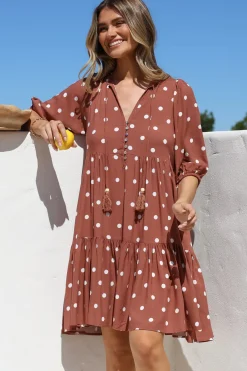 Marah Mini Dress - Mandarin Collar Short Sleeve with Tie Smock Dress in Parisian Polka Rust><noscript><img width=
