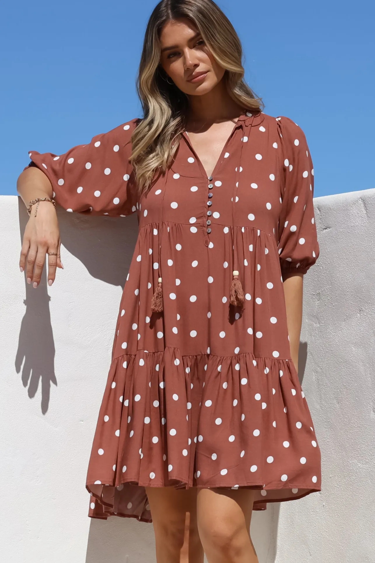 Marah Mini Dress - Mandarin Collar Short Sleeve with Tie Smock Dress in Parisian Polka Rust>Salty Crush Clearance