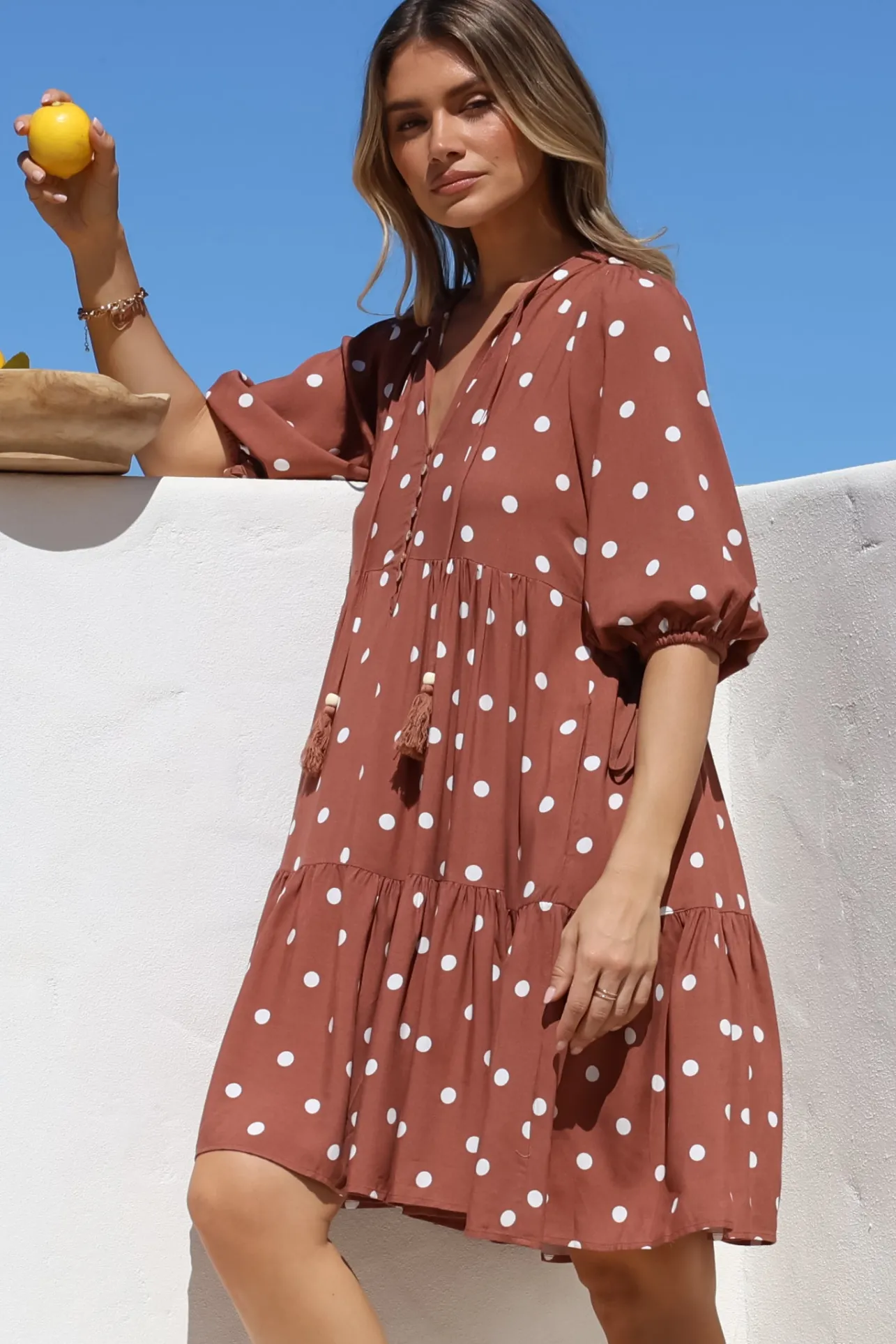 Marah Mini Dress - Mandarin Collar Short Sleeve with Tie Smock Dress in Parisian Polka Rust>Salty Crush Clearance