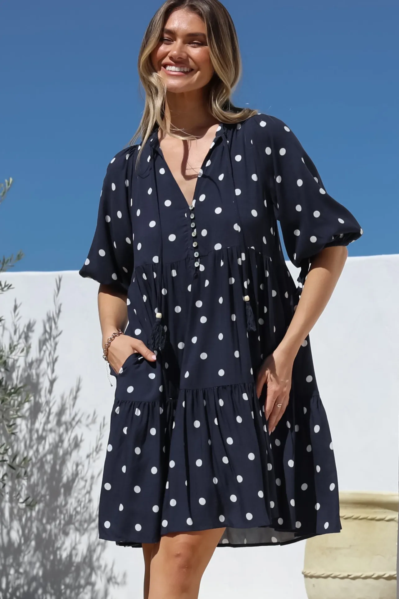 Marah Mini Dress - Mandarin Collar Short Sleeve with Tie Smock Dress in Parisian Polka Navy>Salty Crush Sale
