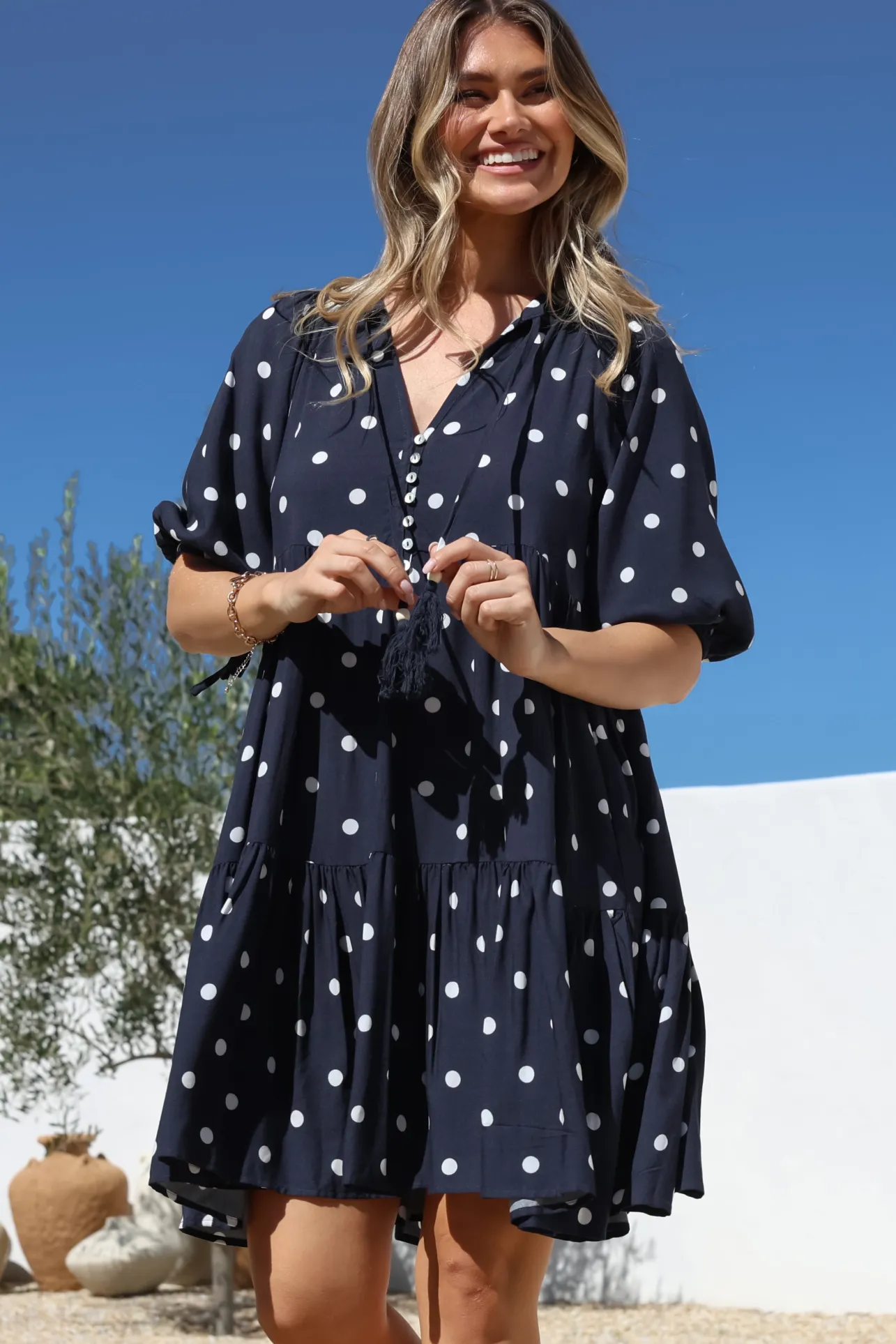 Marah Mini Dress - Mandarin Collar Short Sleeve with Tie Smock Dress in Parisian Polka Navy>Salty Crush Sale