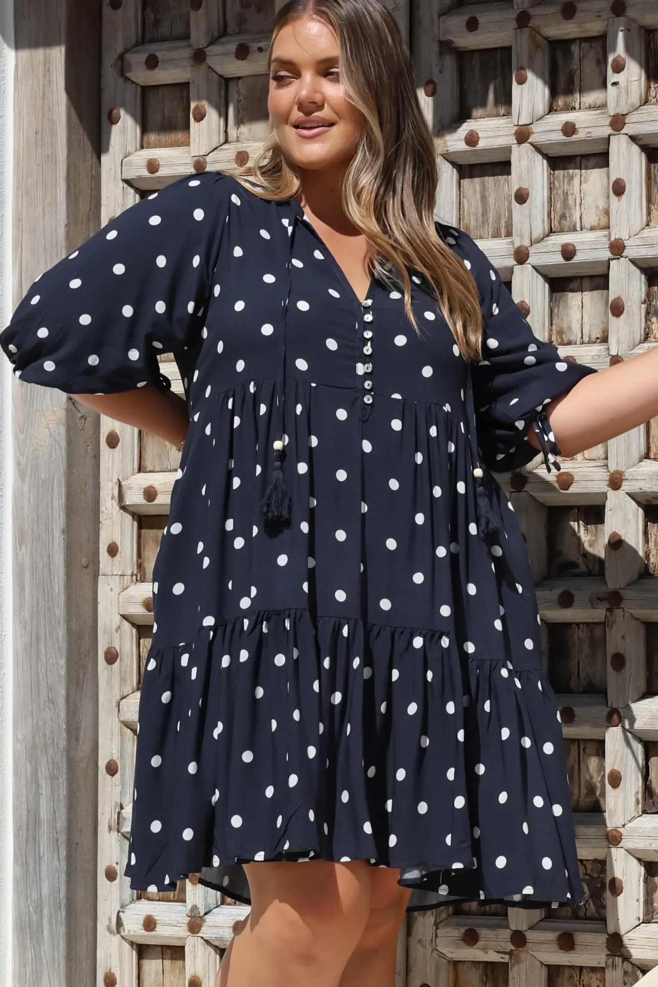 Marah Mini Dress - Mandarin Collar Short Sleeve with Tie Smock Dress in Parisian Polka Navy>Salty Crush Sale