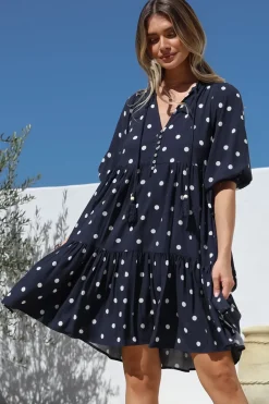 Marah Mini Dress - Mandarin Collar Short Sleeve with Tie Smock Dress in Parisian Polka Navy><noscript><img width=