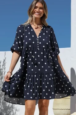 Marah Mini Dress - Mandarin Collar Short Sleeve with Tie Smock Dress in Parisian Polka Navy><noscript><img width=