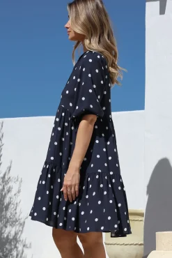 Marah Mini Dress - Mandarin Collar Short Sleeve with Tie Smock Dress in Parisian Polka Navy><noscript><img width=