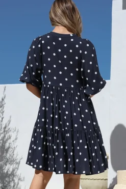 Marah Mini Dress - Mandarin Collar Short Sleeve with Tie Smock Dress in Parisian Polka Navy><noscript><img width=