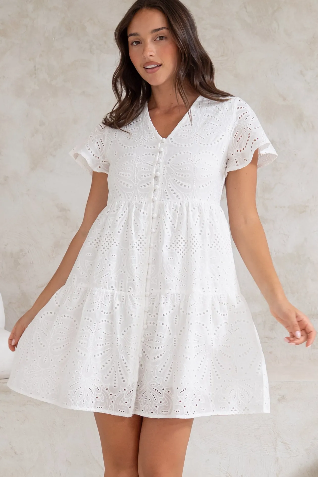 Marcy Mini Dress - Embroidered Button Down Dress with Cap Sleeves in White>Salty Crush Hot