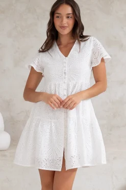 Marcy Mini Dress - Embroidered Button Down Dress with Cap Sleeves in White><noscript><img width=