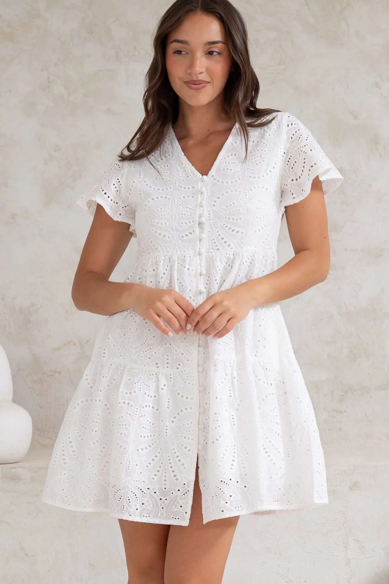 Marcy Mini Dress - Embroidered Button Down Dress with Cap Sleeves in White>Salty Crush Hot