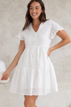 Marcy Mini Dress - Embroidered Button Down Dress with Cap Sleeves in White><noscript><img width=