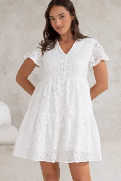 Marcy Mini Dress - Embroidered Button Down Dress with Cap Sleeves in White><noscript><img width=