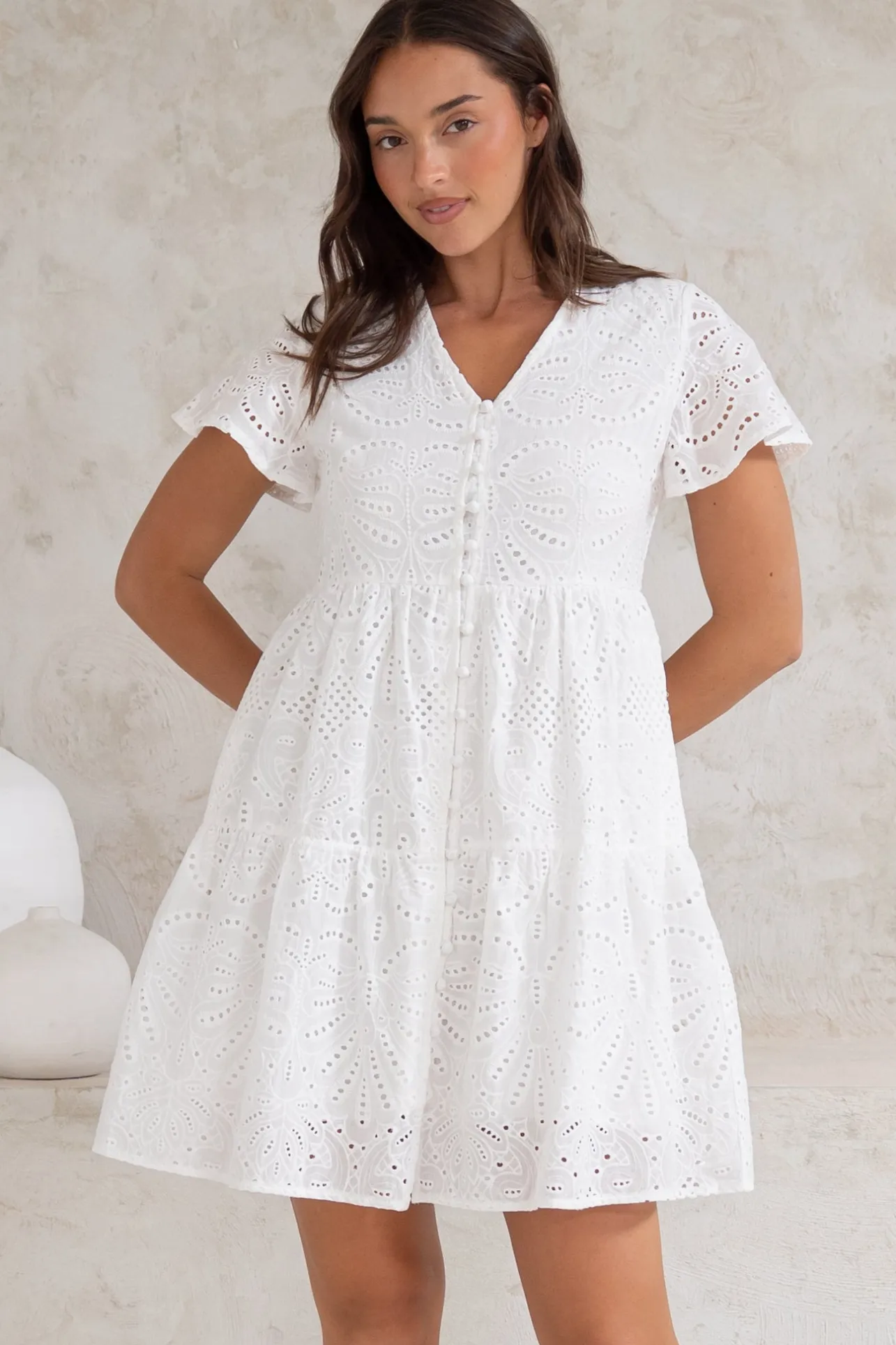 Marcy Mini Dress - Embroidered Button Down Dress with Cap Sleeves in White>Salty Crush Hot
