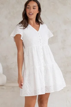 Marcy Mini Dress - Embroidered Button Down Dress with Cap Sleeves in White><noscript><img width=