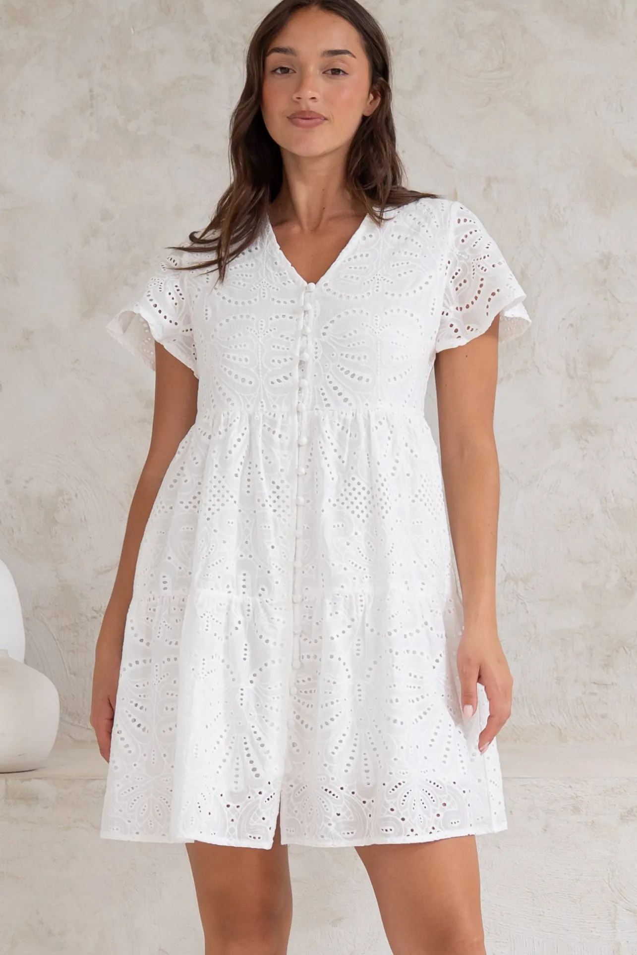 Marcy Mini Dress - Embroidered Button Down Dress with Cap Sleeves in White>Salty Crush Hot