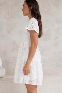 Marcy Mini Dress - Embroidered Button Down Dress with Cap Sleeves in White><noscript><img width=