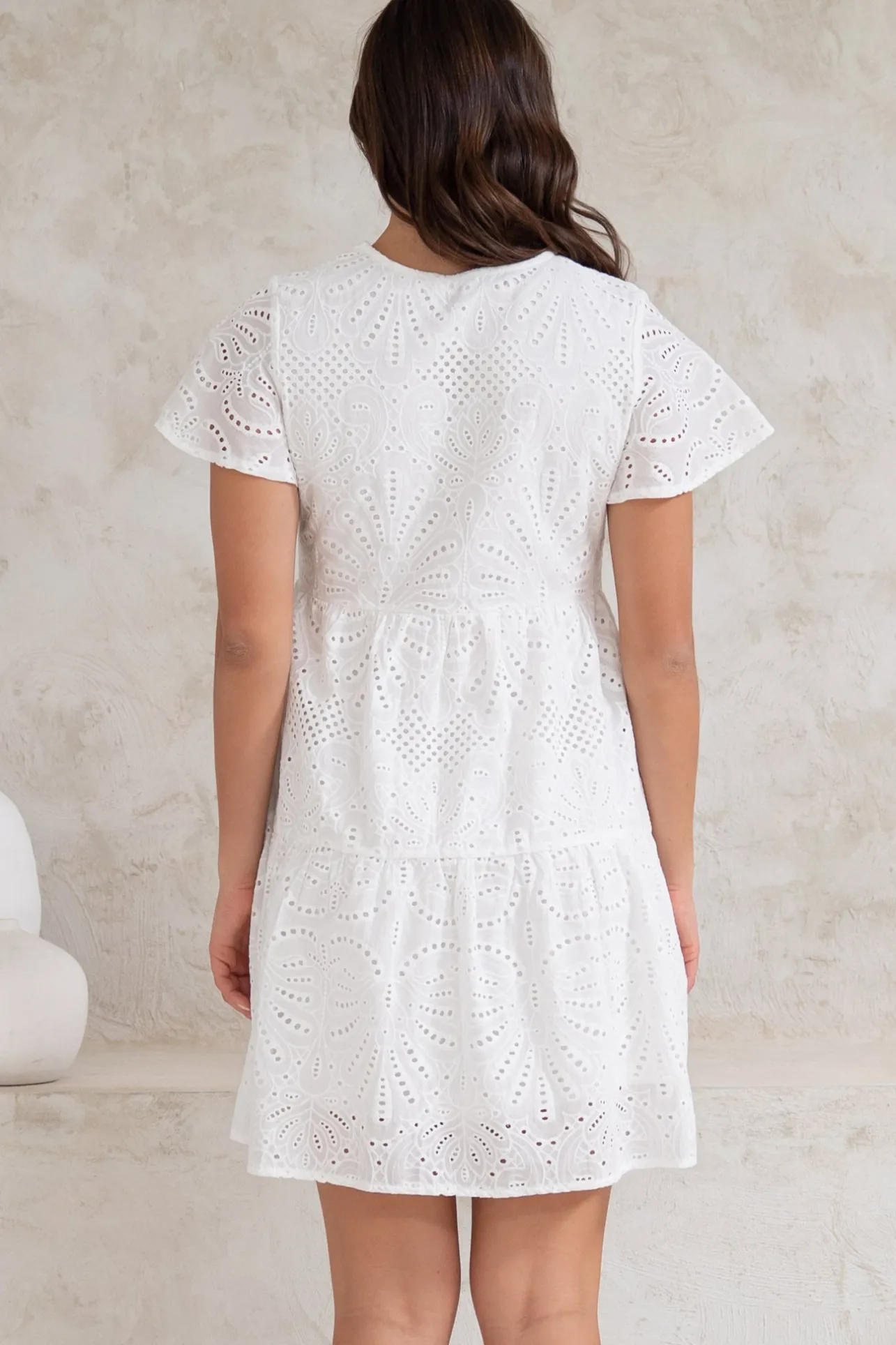 Marcy Mini Dress - Embroidered Button Down Dress with Cap Sleeves in White>Salty Crush Hot