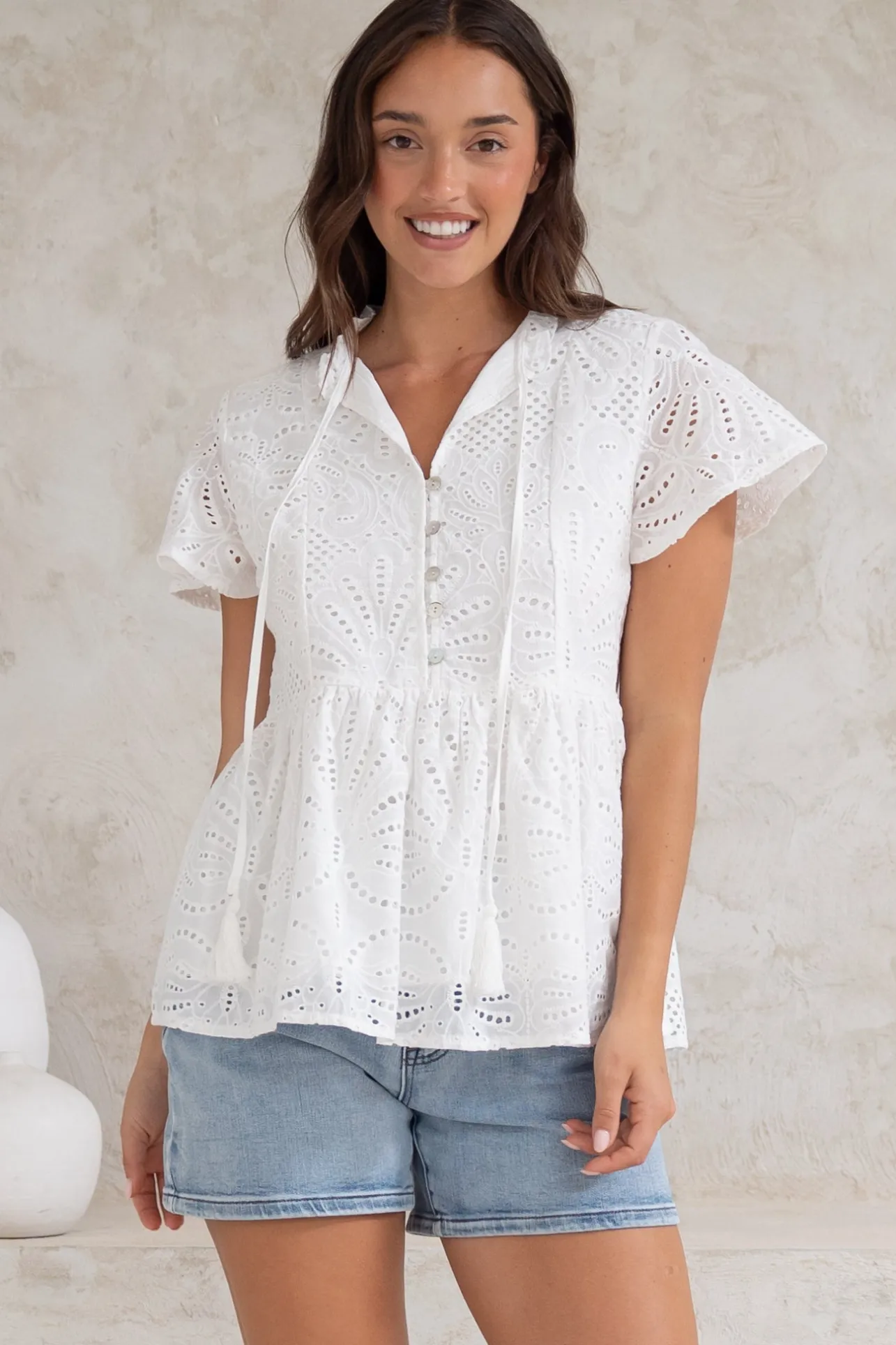 Marcy Top - Frill Mandarin Collar with Neck Tie Embroidered Smock Top in White>Salty Crush Sale