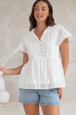 Marcy Top - Frill Mandarin Collar with Neck Tie Embroidered Smock Top in White>Salty Crush Sale