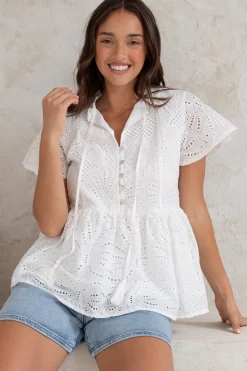 Marcy Top - Frill Mandarin Collar with Neck Tie Embroidered Smock Top in White><noscript><img width=