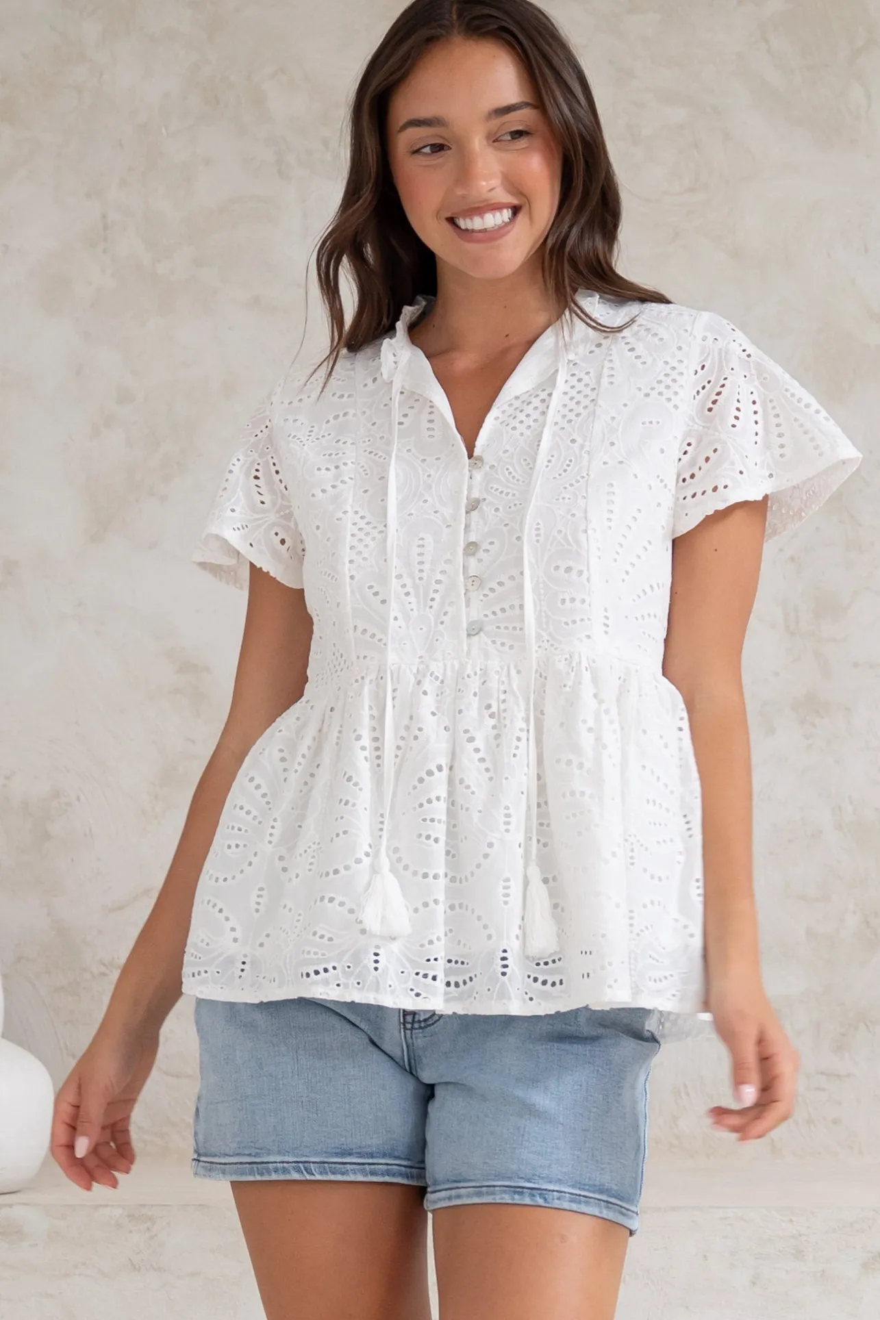 Marcy Top - Frill Mandarin Collar with Neck Tie Embroidered Smock Top in White>Salty Crush Sale