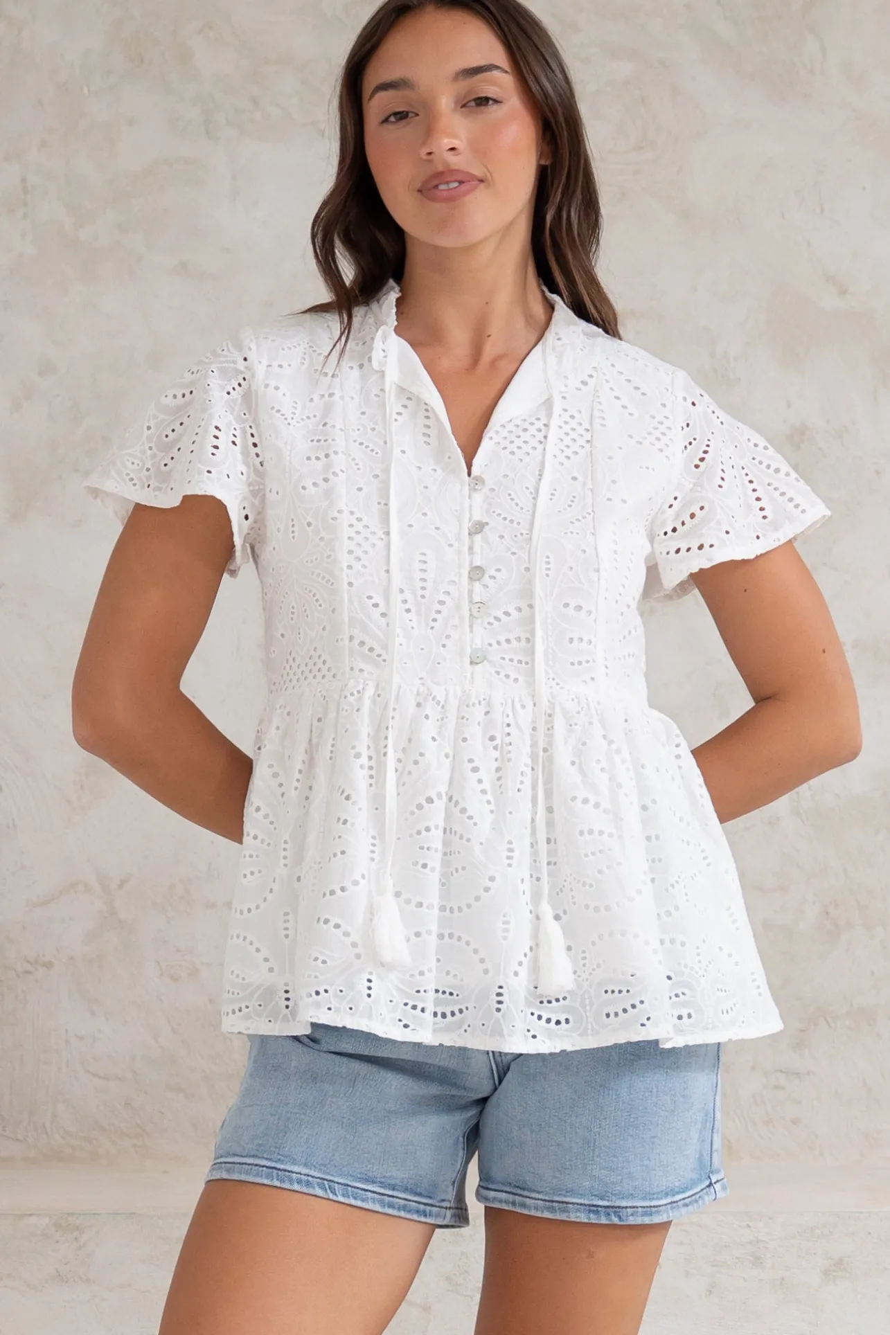 Marcy Top - Frill Mandarin Collar with Neck Tie Embroidered Smock Top in White>Salty Crush Sale