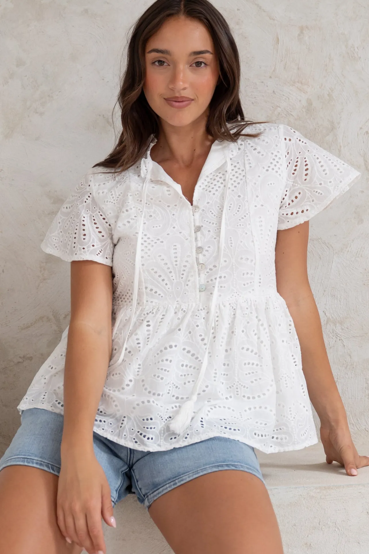 Marcy Top - Frill Mandarin Collar with Neck Tie Embroidered Smock Top in White>Salty Crush Sale