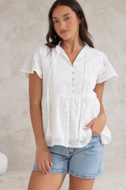 Marcy Top - Frill Mandarin Collar with Neck Tie Embroidered Smock Top in White><noscript><img width=