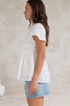 Marcy Top - Frill Mandarin Collar with Neck Tie Embroidered Smock Top in White><noscript><img width=