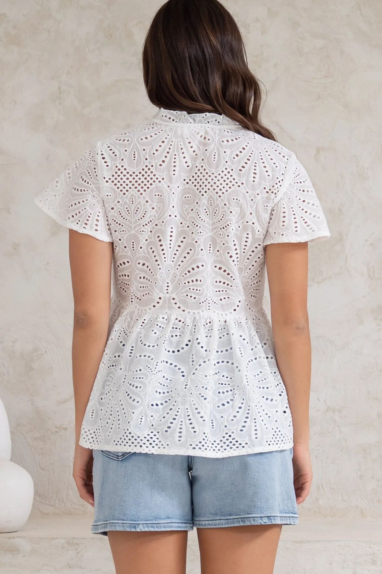 Marcy Top - Frill Mandarin Collar with Neck Tie Embroidered Smock Top in White>Salty Crush Sale