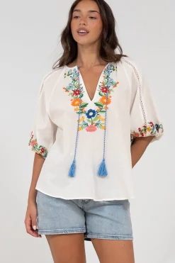 Margerie Top - Floral Embroidered Top with 3/4 Sleeves in White>Salty Crush