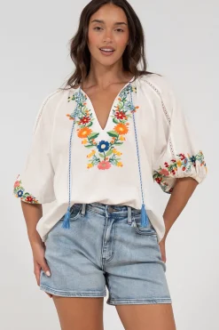 Margerie Top - Floral Embroidered Top with 3/4 Sleeves in White><noscript><img width=