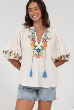 Margerie Top - Floral Embroidered Top with 3/4 Sleeves in White><noscript><img width=