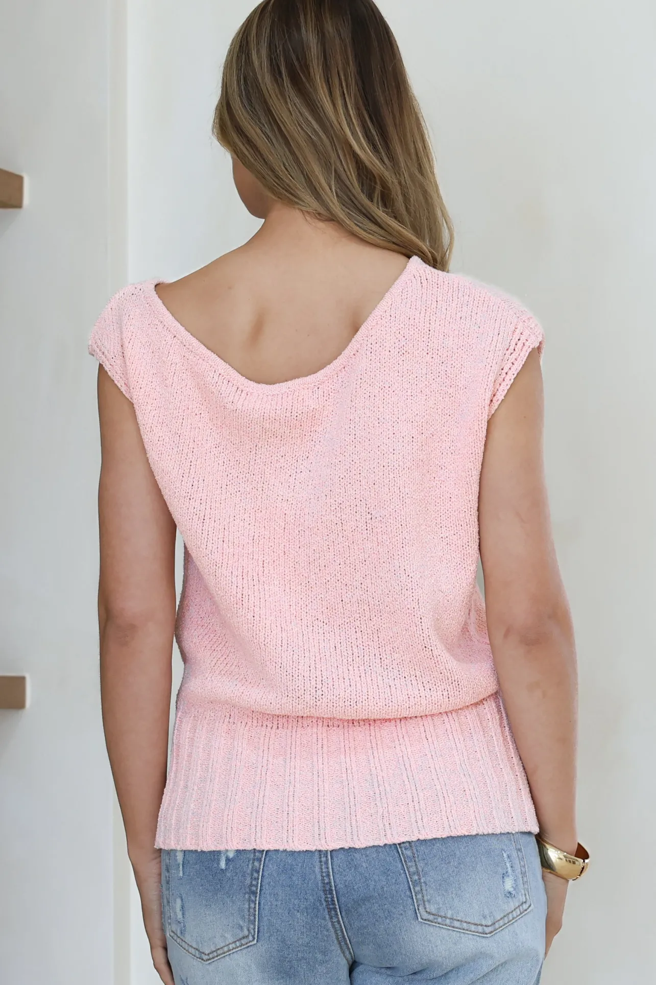 Mariah Knit Top - Sleeveless Asymmetric Neckline Top with Ribbed Hem in Pink>Salty Crush Online