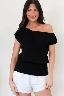 Mariah Knit Top - Sleeveless Asymmetric Neckline Top with Ribbed Hem in Black>Salty Crush Hot