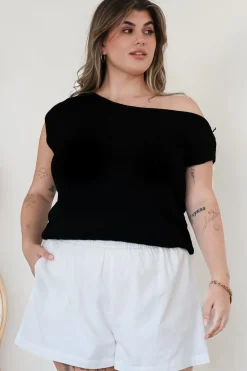 Mariah Knit Top - Sleeveless Asymmetric Neckline Top with Ribbed Hem in Black>Salty Crush Hot